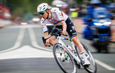 Tadej Pogacar participates in the Amstel Gold Race from Maastricht to Valkenburg in Berg en Terblijt, Netherlands, on April 20, 2025.