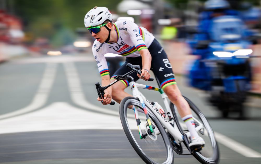 Tadej Pogacar participates in the Amstel Gold Race from Maastricht to Valkenburg in Berg en Terblijt, Netherlands, on April 20, 2025. 