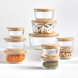 Glass food storage containers with bamboo lids.