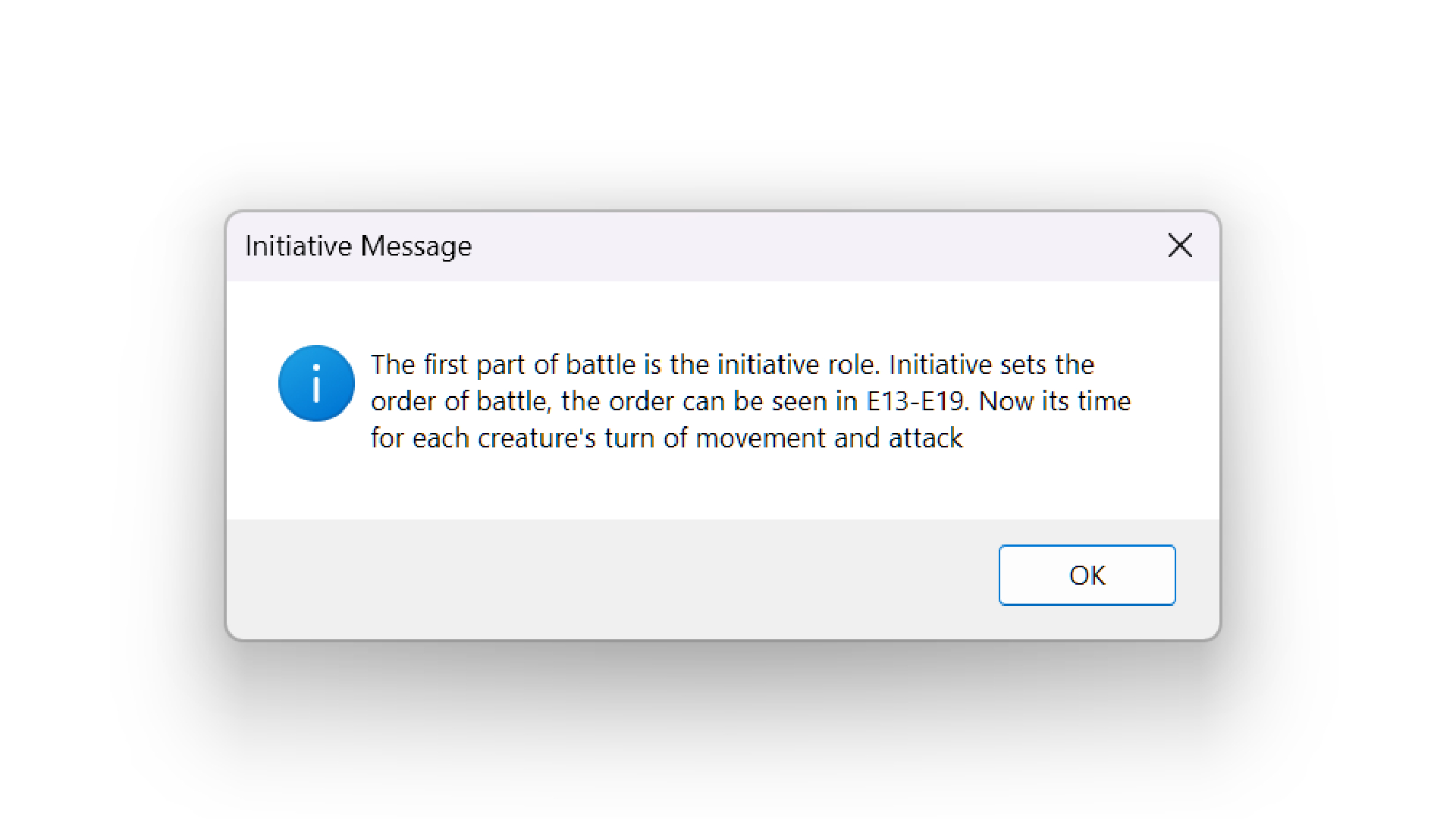 A dialogue box in a Microsoft Excel RPG, explaining battle mechanics