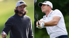 Tommy Fleetwood waves to the crowd, Viktor Hovland hits a drive