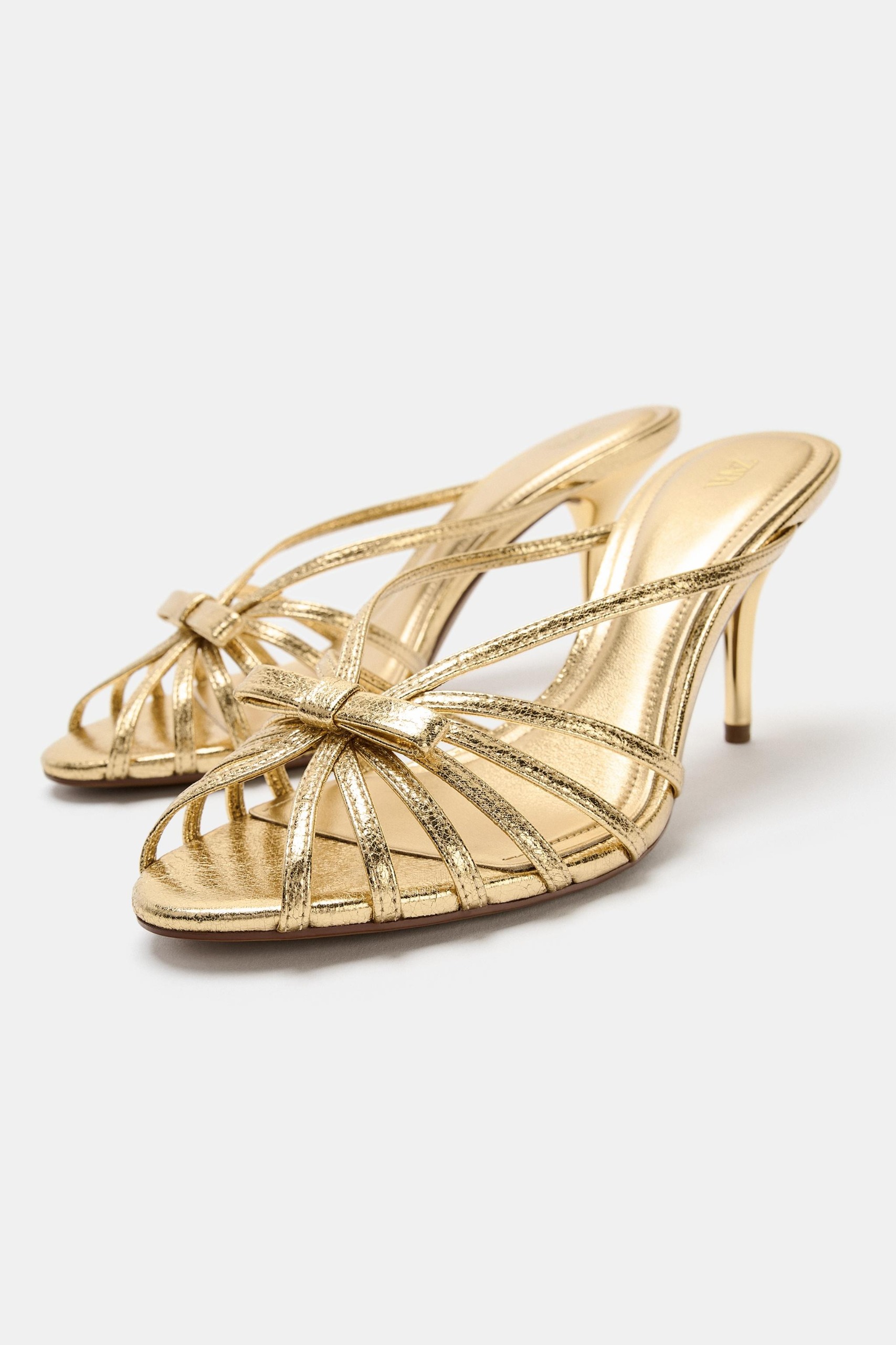 ZARA, Metallic Heeled Sandals With Bow - Gold - 5