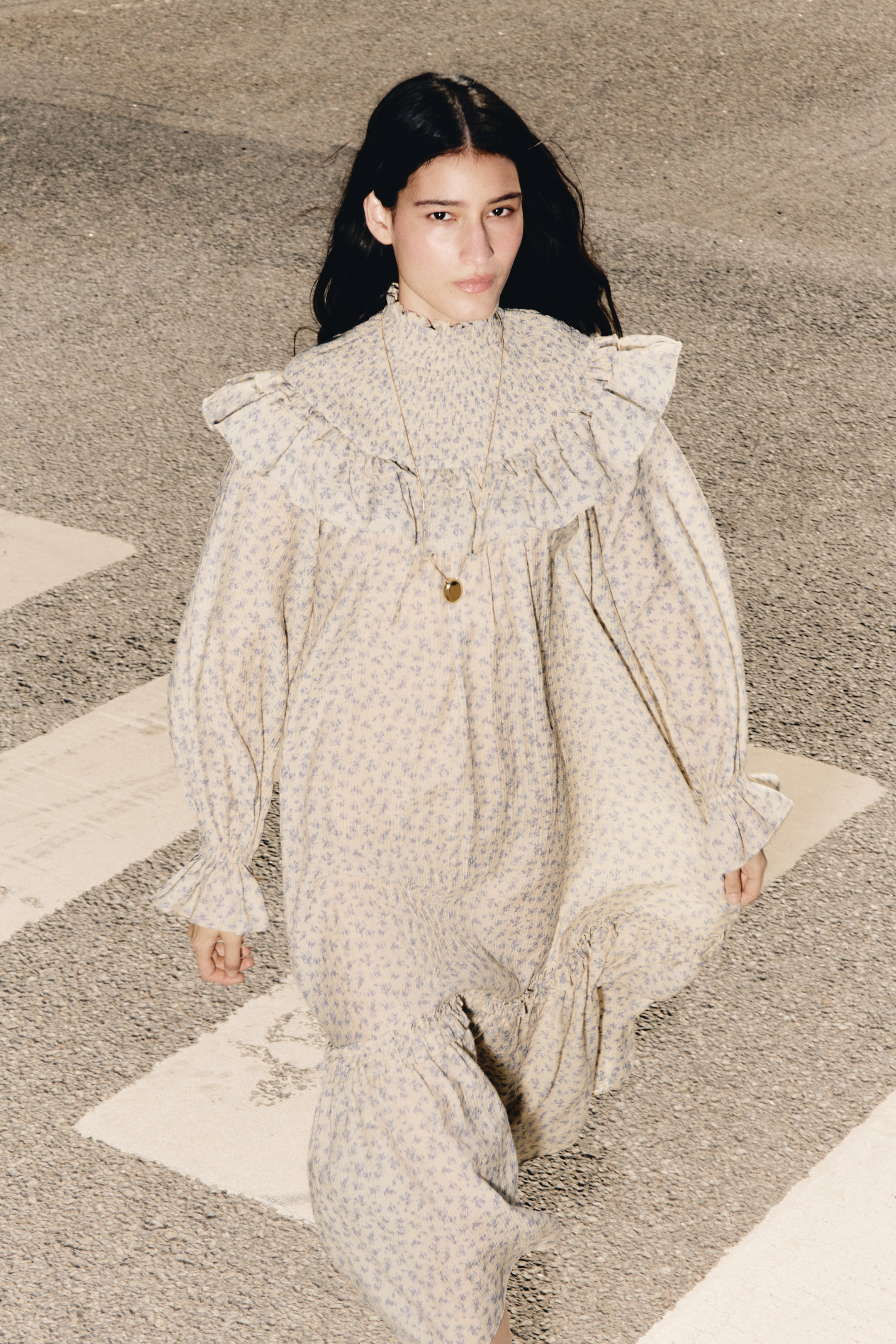 Frill-Trimmed Textured-Weave Dress