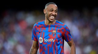 Pierre-Emerick Aubameyang of Barcelona during the warm-up before the Joan Gamper Trophy, friendly presentation match between FC Barcelona and Pumas UNAM at Spotify Camp Nou on August 7, 2022 in Barcelona, Spain