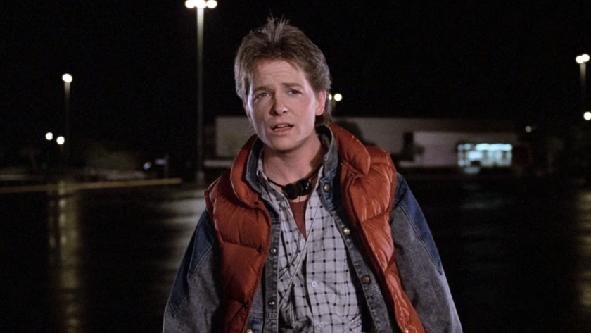 Michael J. Fox as Marty McFly in mall parking lot in Back To The Future