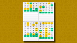 Quordle Daily Sequence answers for game 1005 on a yellow background