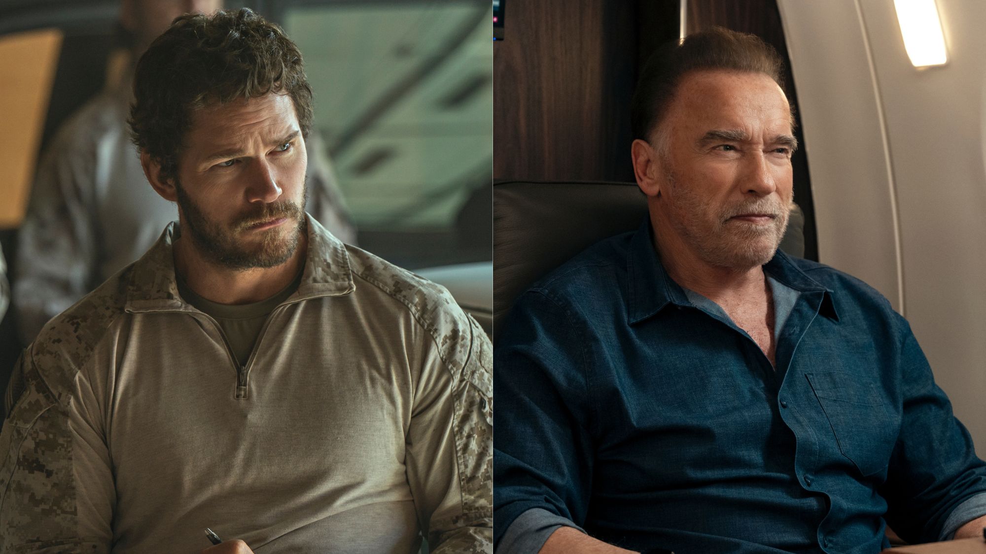 Right: Chris Pratt in The Terminal: Dark Wolf. Left: Arnold Schwarzenegger as Luke Brunner in episode 204 of Fubar
