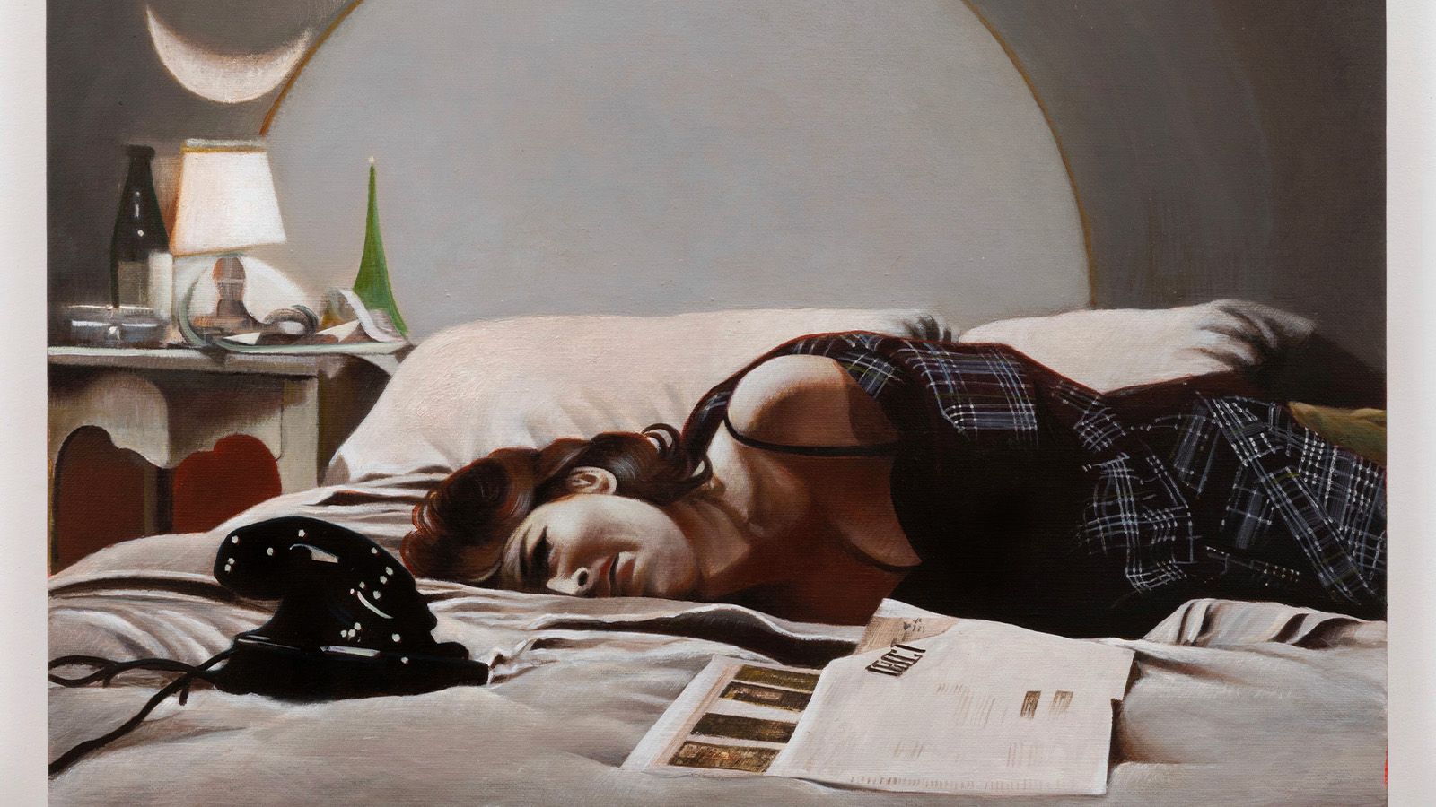 Artwork of woman on bed beside old-fashioned phone