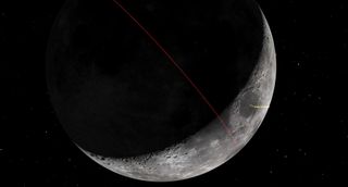 An enormous crescent moon is striped at a diagonal circumference of the celestial orb by a thin red line. A large crater on the crescent's lit portion reads, "Mare Crisium"