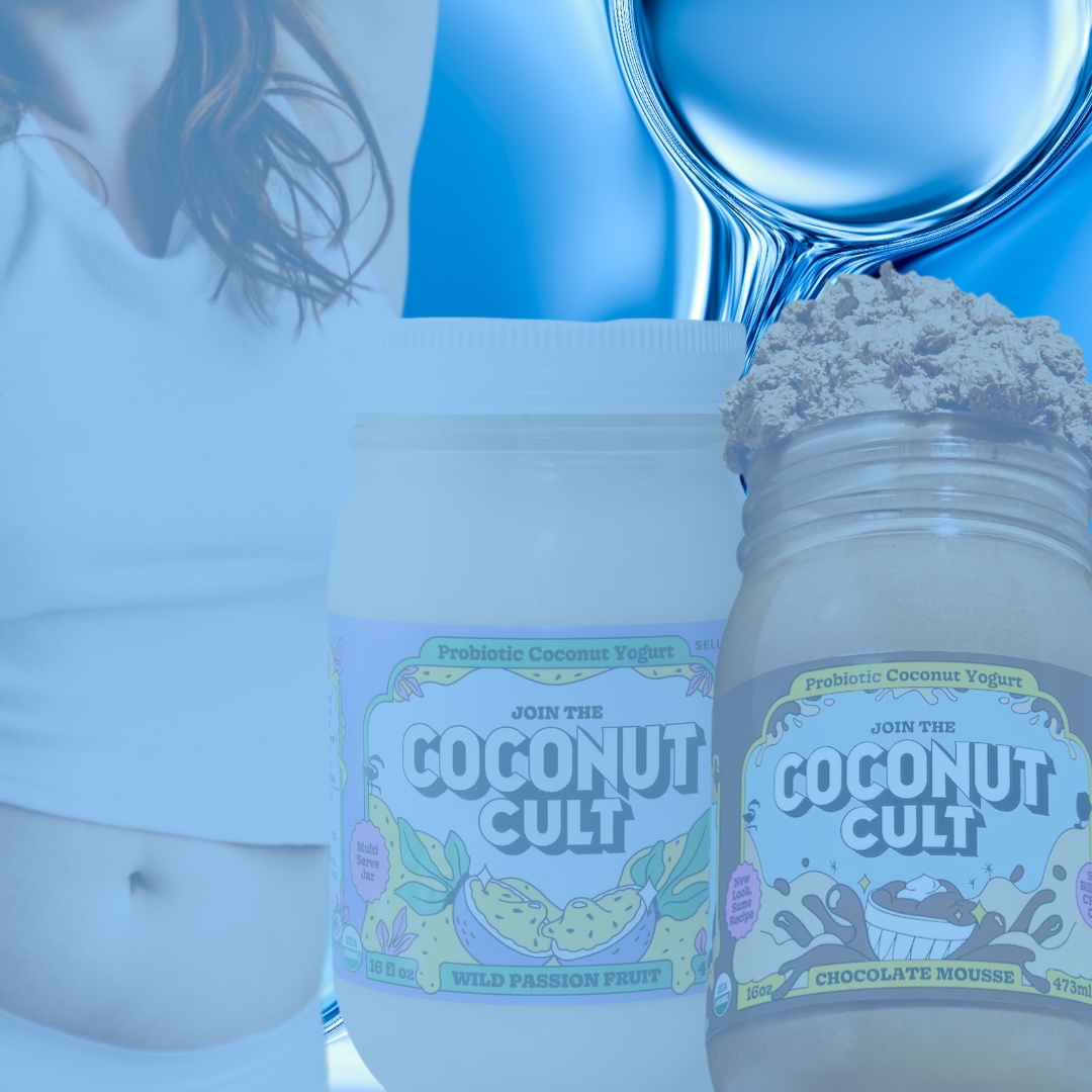 girl with her stomach out next to two coconut cult jars on a blue background
