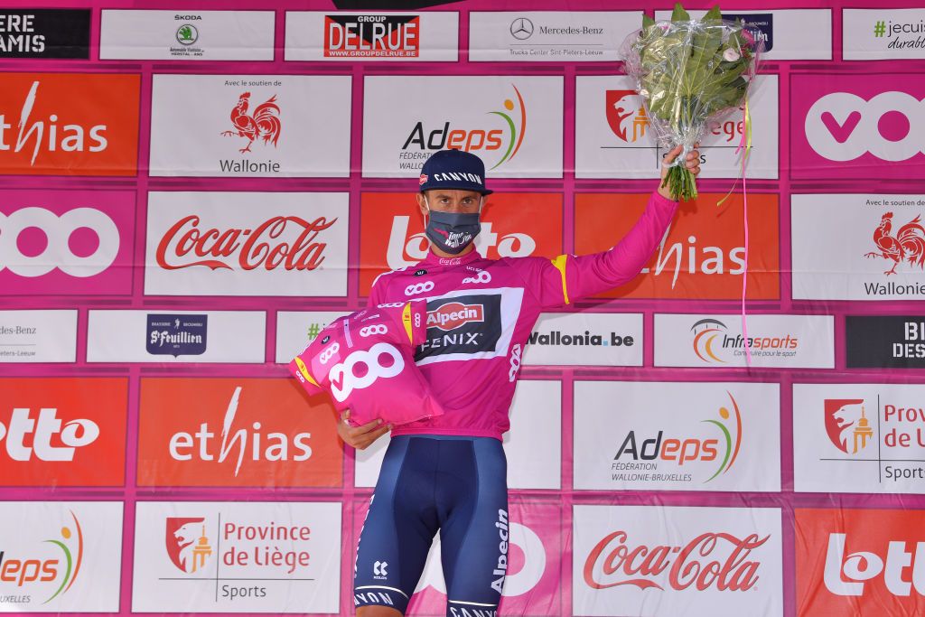 VISE BELGIUM AUGUST 18 Podium Dries De Bondt of Belgium and Team AlpecinFenix Pink Sprints Jersey Celebration Flowers Covid safety measures during the 41st Tour de Wallonie 2020 Stage 3 a 192km stage from Montzen to Vise TourdeWallonie TRW2020 on August 18 2020 in Vise Belgium Photo by Luc ClaessenGetty Images