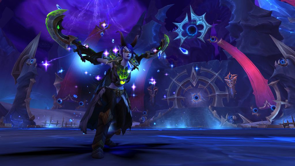 Promotional screenshot of a Void Elf Demon Hunter in World of Warcraft: Midnight
