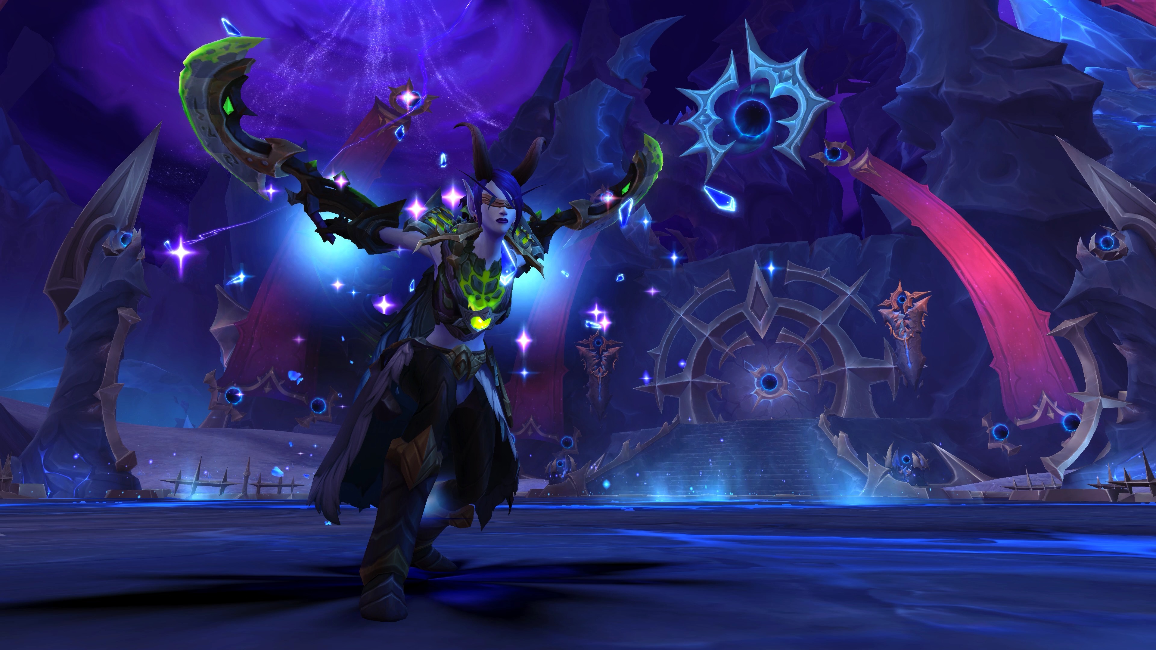 Promotional screenshot of a Void Elf Demon Hunter in World of Warcraft: Midnight