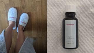 Lydia Swinscoe wearing Vivamayr branded slippers and a small bottle of oil for pulling through the mouth each morning to aid detox