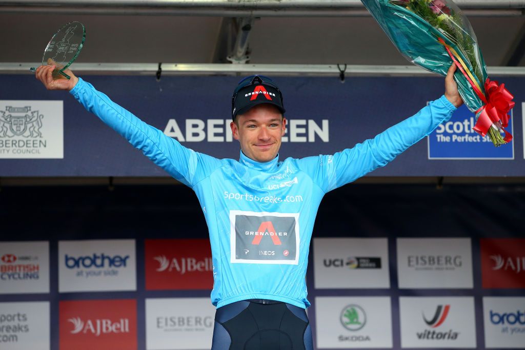 ABERDEEN SCOTLAND SEPTEMBER 12 Ethan Hayter of United Kingdom and Team INEOS Grenadiers celebrates winning the turquoise points jersey on the podium ceremony after the 17th Tour of Britain 2021 Stage 8 a 173km stage from Stonehaven to Aberdeen TourofBritain TourofBritain on September 12 2021 in Aberdeen Scotland Photo by Alex LiveseyGetty Images
