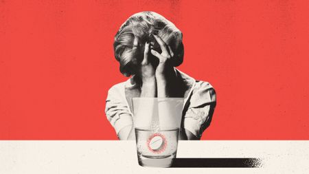 Illustration of a woman with a headache and a glass of water with painkillers