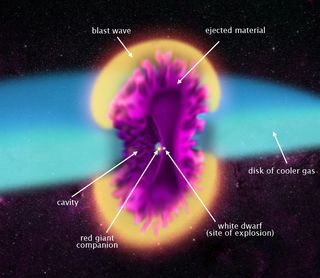 The 2014 explosion from the system V745 Sco, visualized: The white dwarf and its red giant companion are visible, as well as the disk of cooler gas released from the red giant as the white dwarf pulled at it. A blast wave formed as the ejected material hit that disk of cooler gas.