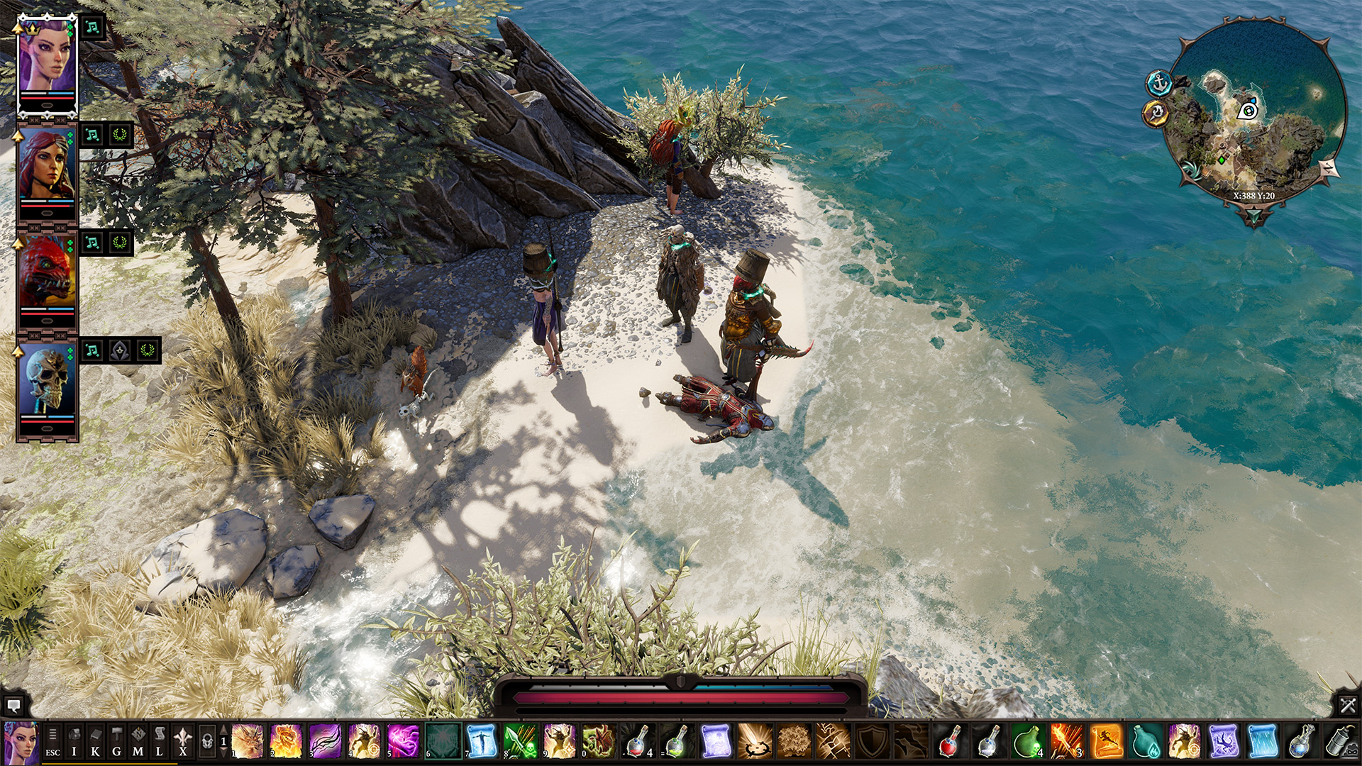 A party of adventurers stand on a beach adjacent to some tropical waters.