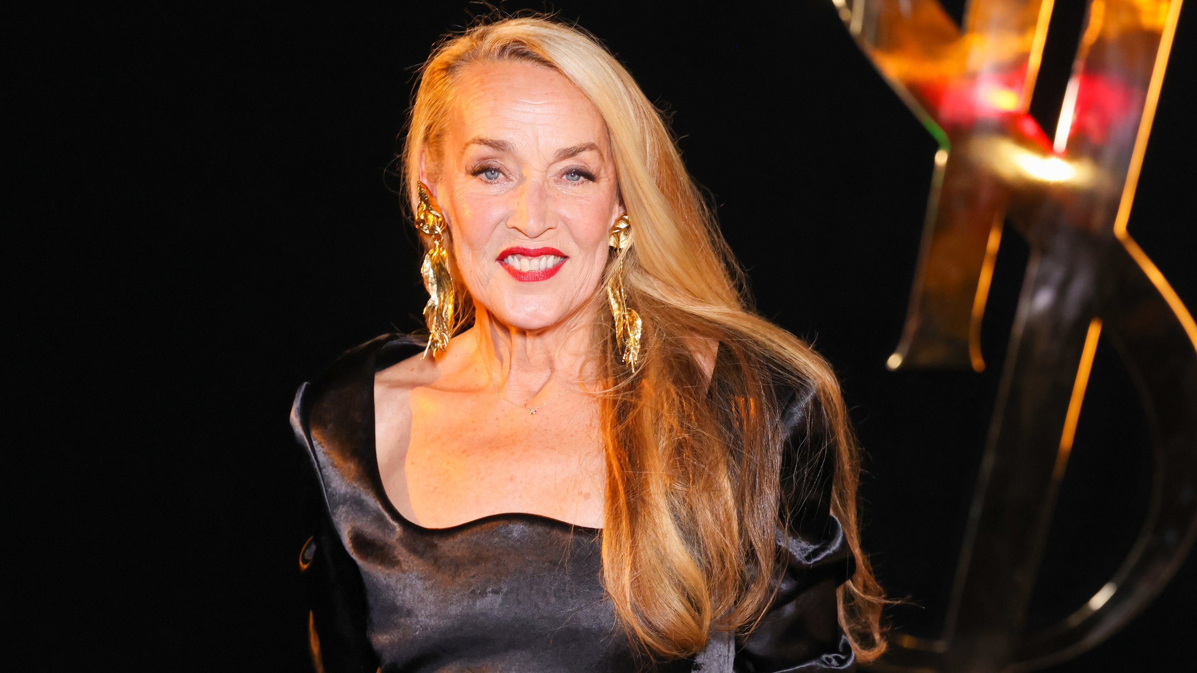 Jerry Hall in black gown at Paris Fashion Week 2026.