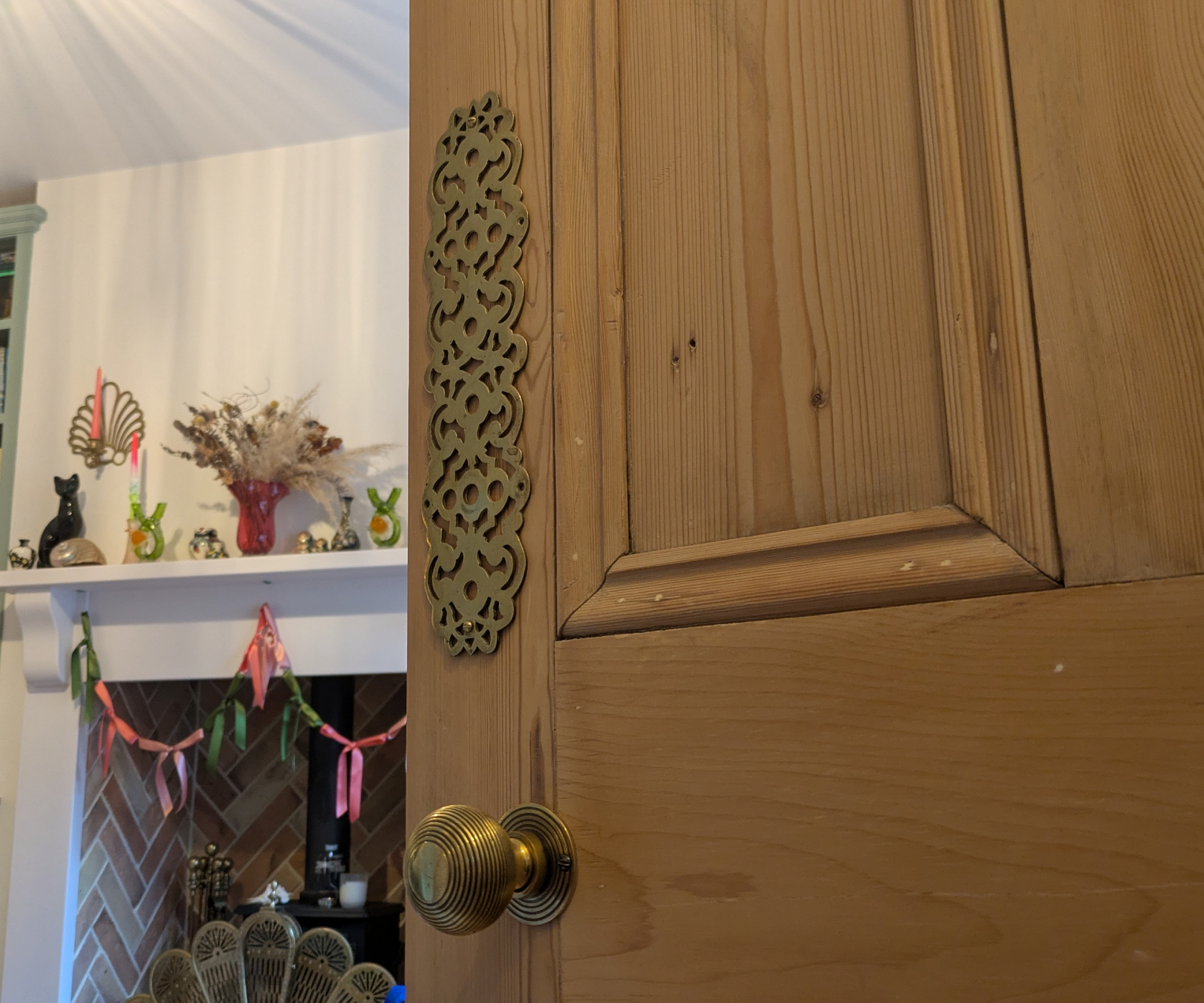 Internal wooden door with a brass finger plate and knob