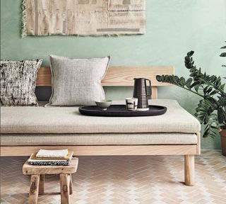roost episode 4 - Green natural living room with bleached wood and natural fabrics - -DAMIAN-RUSSELL