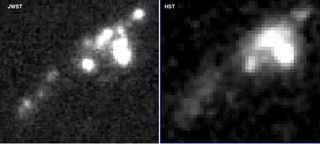 Images of a distant extreme emission line galaxy. Seen by James Webb Space Telescope (left) and Hubble Space Telescope (right). This comparison highlights the clarity of JWST images.