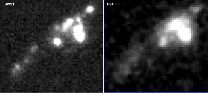 Imágenes de una galaxia distante con líneas de emisión extremas.  Visto por el Telescopio Espacial James Webb (izquierda) y el Telescopio Espacial Hubble (derecha).  Esta comparación resalta la claridad de las imágenes JWST.