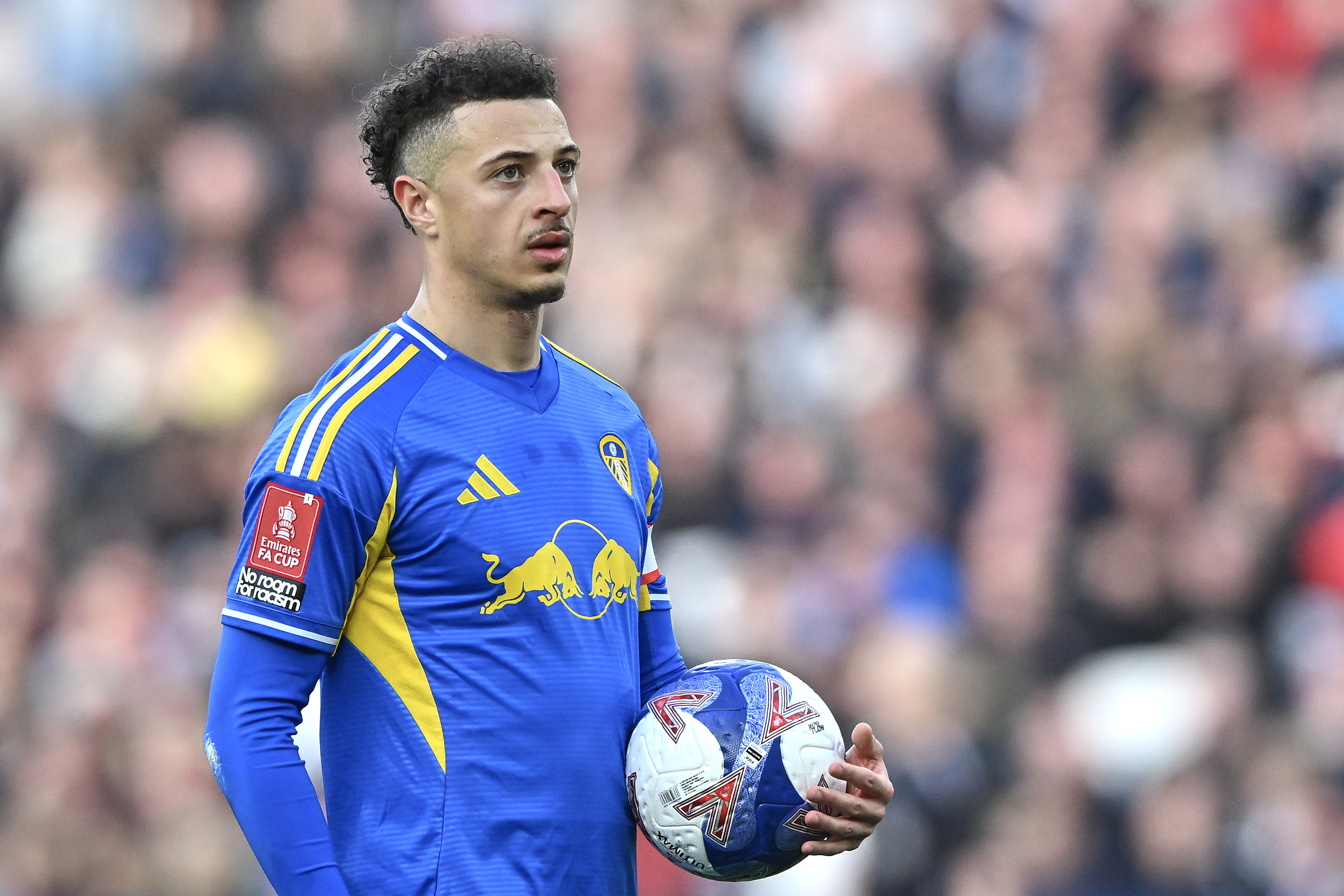 LONDON, ENGLAND - APRIL 5: Ethan Ampadu of Leeds United during the Emirates FA Cup Quarter Final match between West Ham United and Leeds United on April 5, 2026 in London, England. (Photo by Vince Mignott/MB Media/Getty Images)