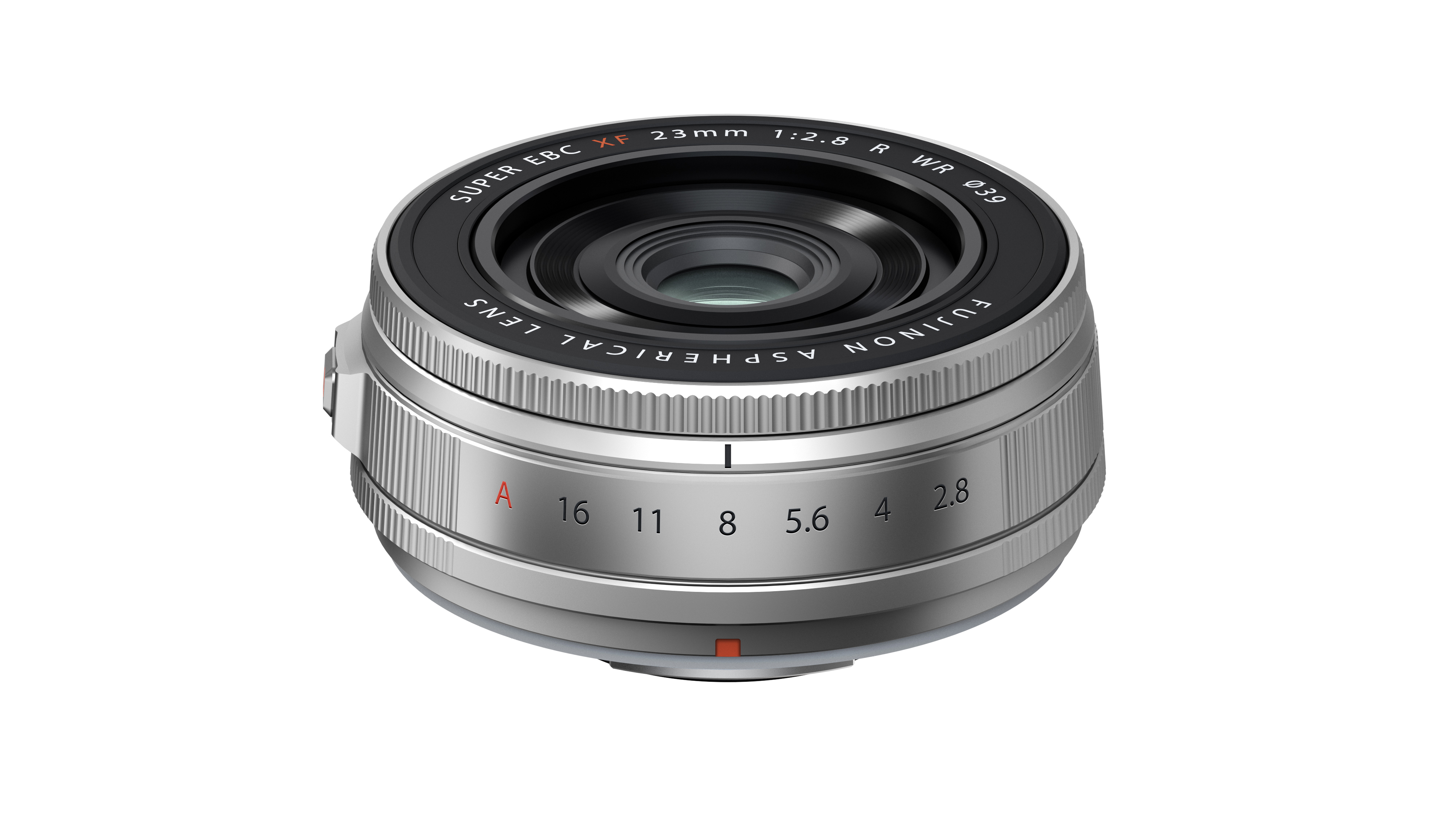 Fujifilm XF 23mm f/2.8 R WR lens on a white background
