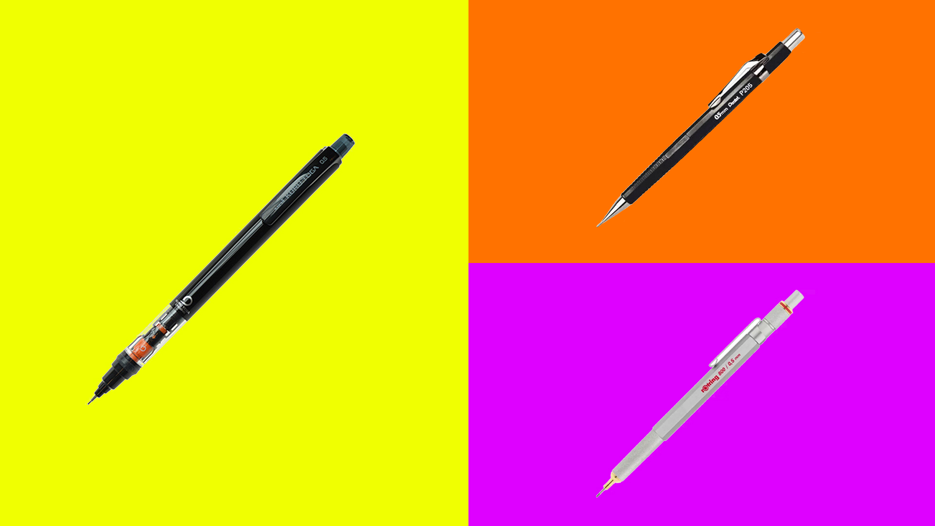 Three of the best mechanical pencils on an angle on three brightly coloured backgrounds