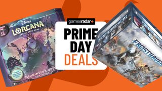 Disney Lorcana boxed game and Frosthaven box to either side of a Prime Day deals badge