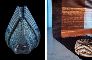 Underside of a canoe covered in glass beads and an installation view with a metal stool and copper panel