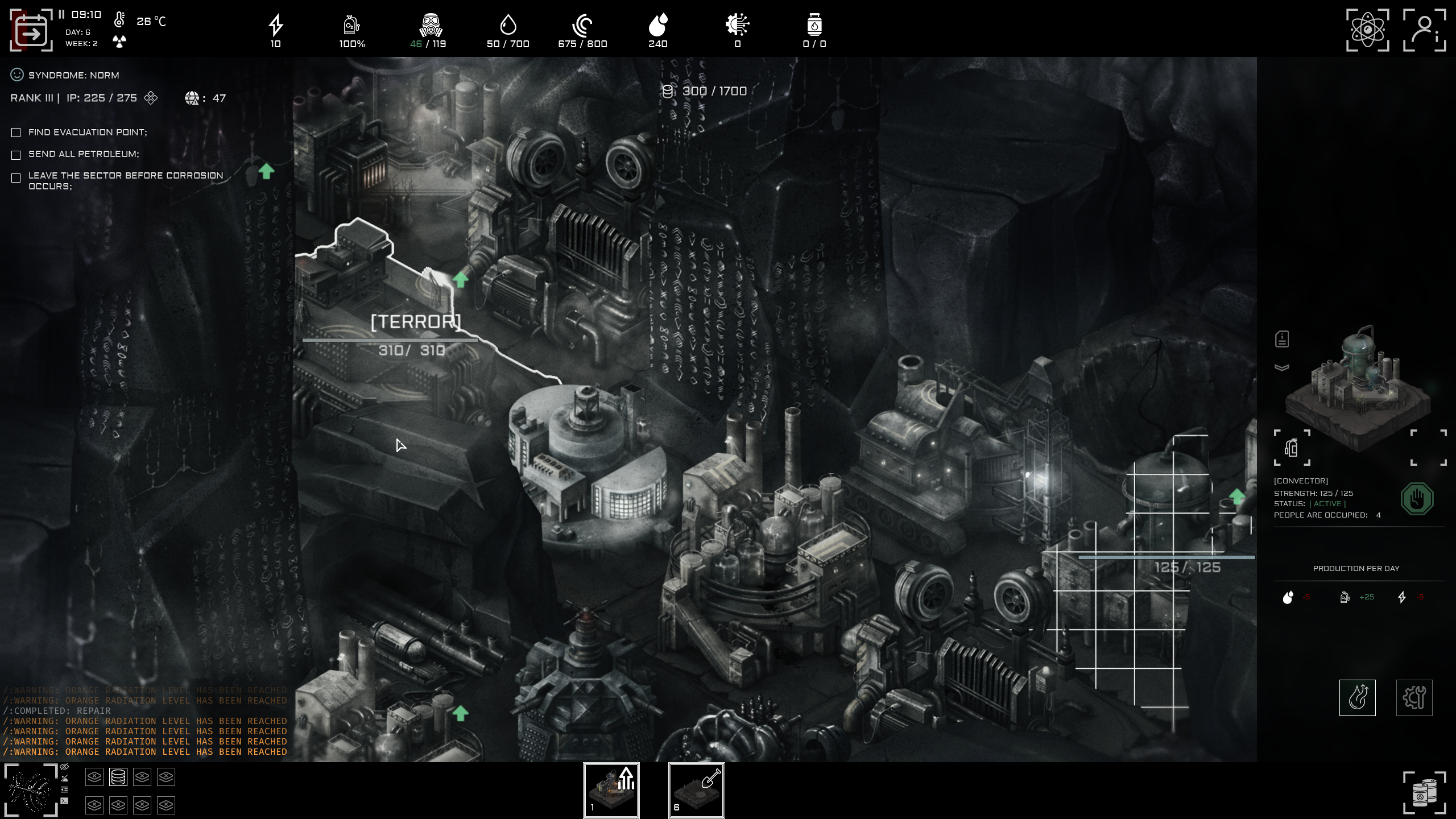 A screenshot of strategy game Anoxia Station, with a dark palette and Giger-esque art.