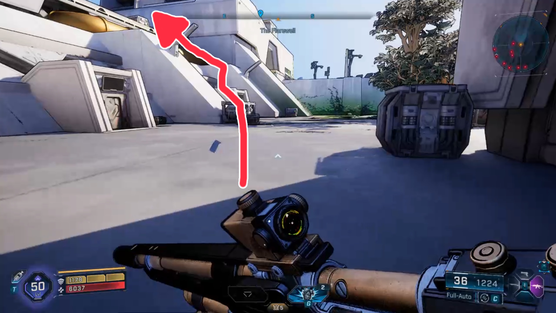 Maurice's Black Market vending machine - red arrow showing jump path to the vending machine