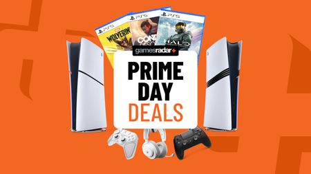 PS5 consoles, games, and accessories on an orange background with Prime Day badge