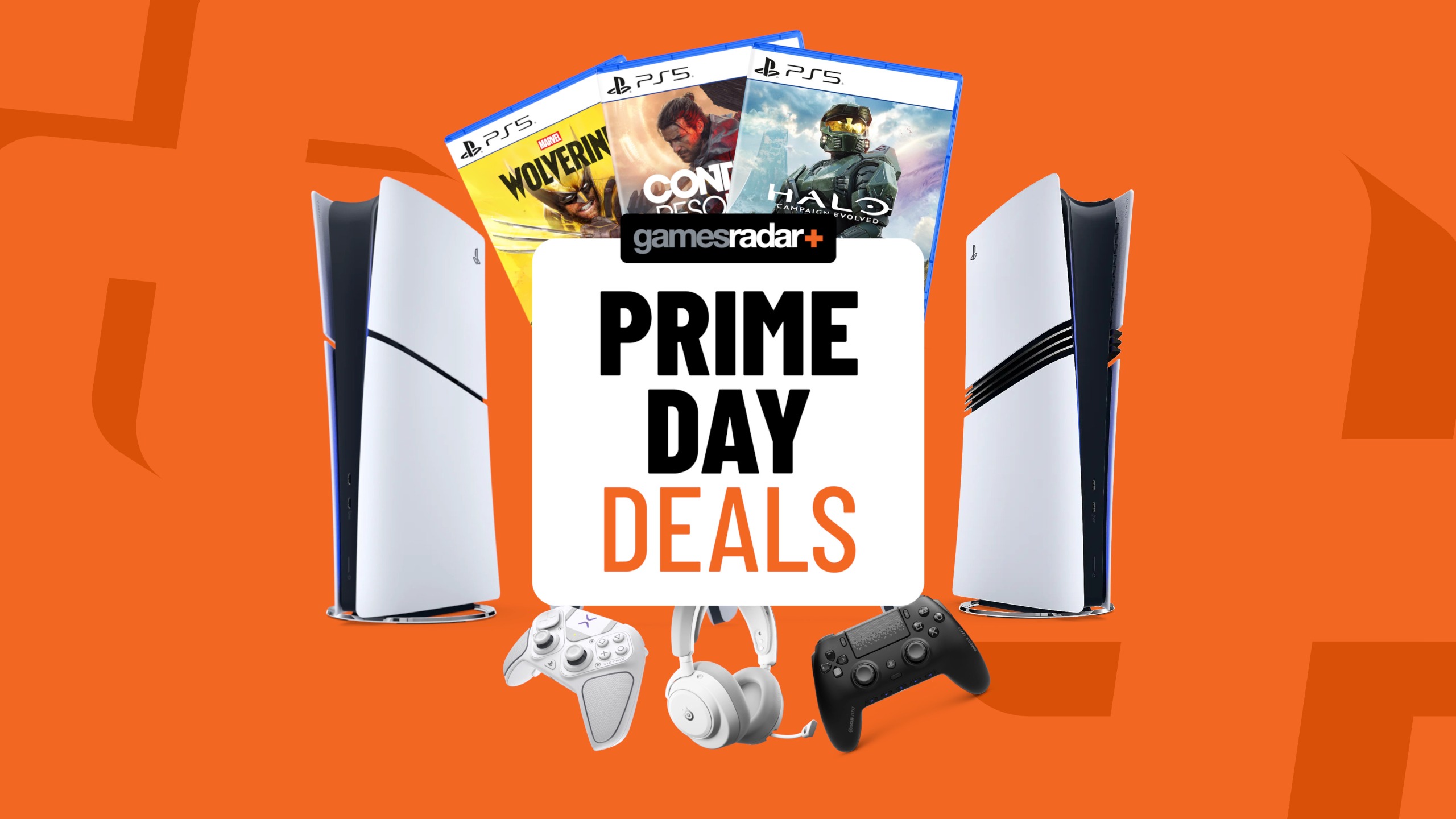 PS5 consoles, games, and accessories on an orange background with Prime Day badge