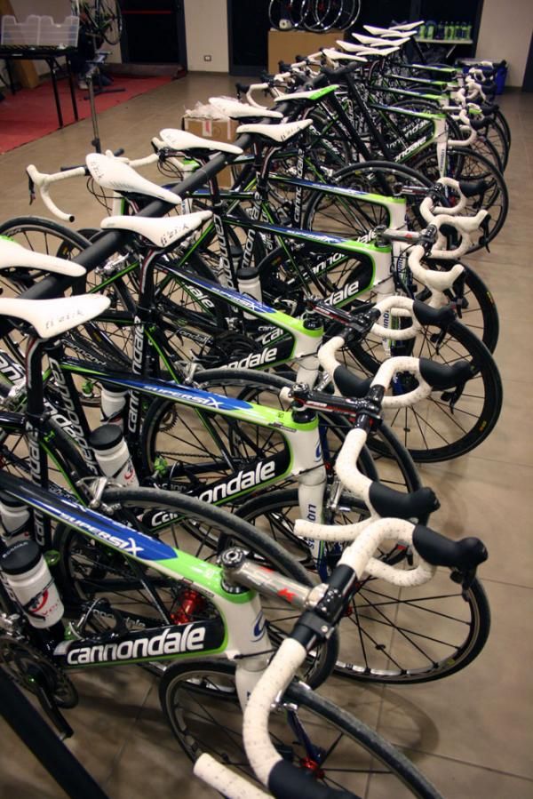 The rider's training bikes fill the rack