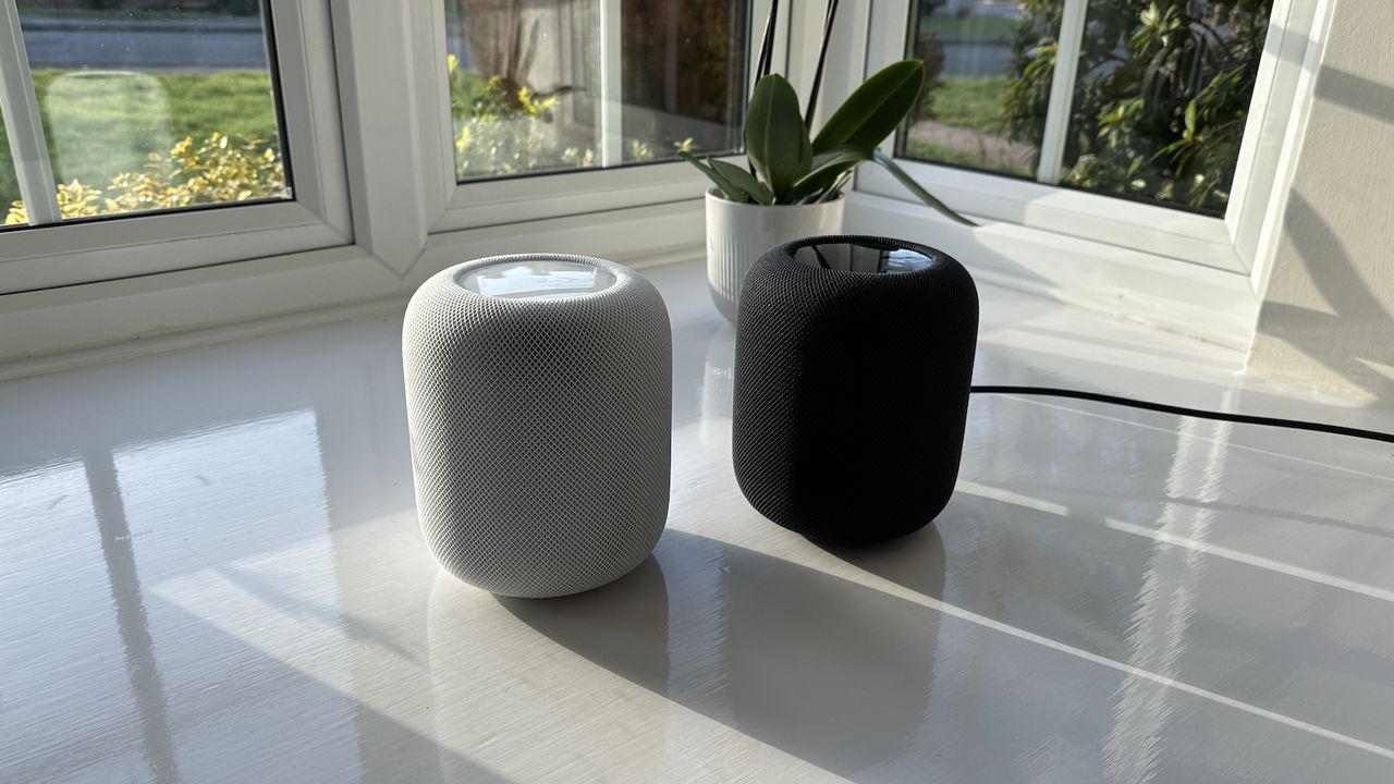 A pair of Apple HomePod 2s on a window sill