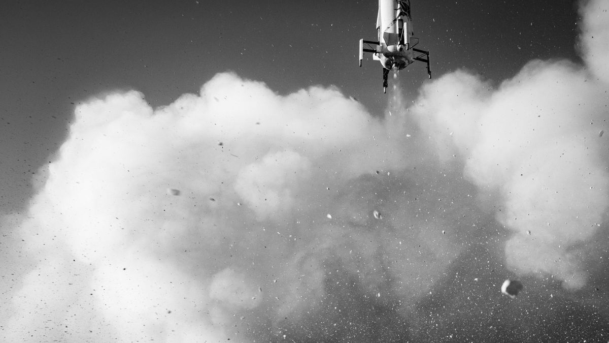 The New Shepard booster lands during Mission NS-10, on Jan. 23, 2019.