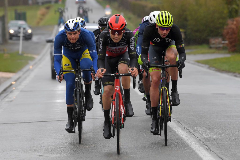 NOKERE BELGIUM MARCH 17 Sebastien Grignard of Belgium and Team Lotto Soudal Ludovic Robeet of Belgium and Team Bingoal WB Ward Vanhoof of Belgium and Team Sport Vlaanderen Baloise of Belgium and Team Bingoal WB during the 75th Nokere Koerse Danilith Classic 2021 Mens Elite a 1955km race from Deinze to Nokere Breakaway NokereKoerse on March 17 2021 in Nokere Belgium Photo by Luc ClaessenGetty Images