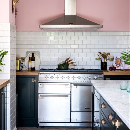 A chrome oven next to dark cabinetry in a pink kitchen