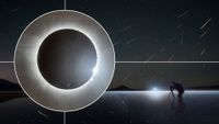 Perseid meteors are pictured streaking towards earth above a lake with an image of a totally eclipsed sun in an inset to the left, with white lines emanating outward.