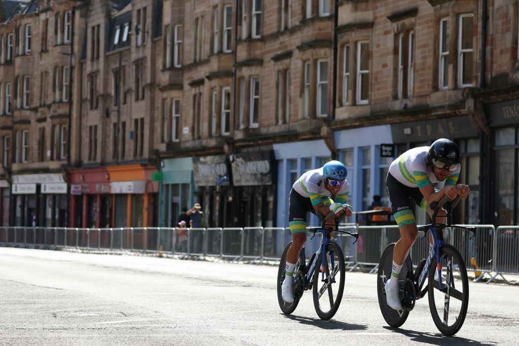 Riders from Australia take part in the Team Time Trial Mixed Relay road race during the UCI Cycling World Championships in Glasgow Scotland on August 8 2023 Photo by Adrian DENNIS AFP Photo by ADRIAN DENNISAFP via Getty Images