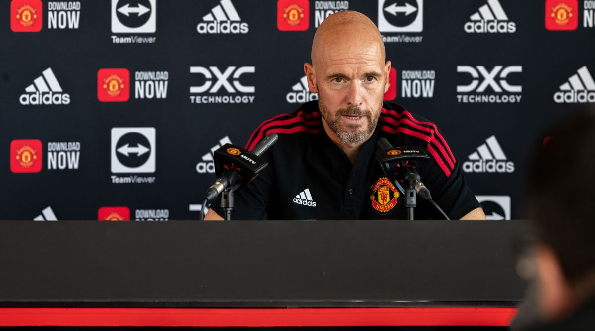 Manchester United manager Erik ten Hag speaks during a press conference at Carrington Training Ground on August 12, 2022 in Manchester, England