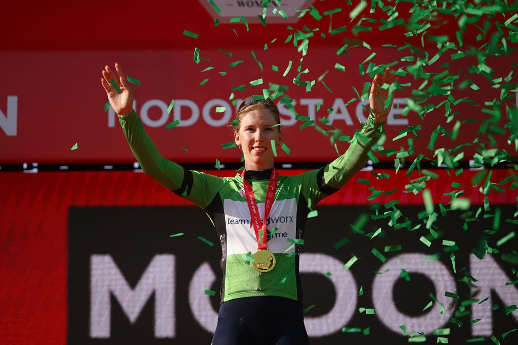 MADINAT ZAYED UNITED ARAB EMIRATES FEBRUARY 09 Lorena Wiebes of The Netherlands and Team SD WorxProtime celebrates at podium as Green points jersey winner during the 2nd UAE Tour 2024 Stage 2 a 113km stage Al Mirfa Bab Al Nojoum to Madinat Zayed UCIWWT on February 09 2024 in Madinat Zayed United Arab Emirates Photo by Dario BelingheriGetty Images