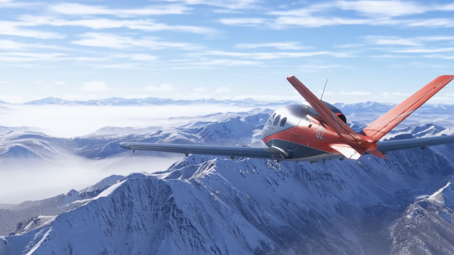 A plane flying over the mountains in MSFS 2024