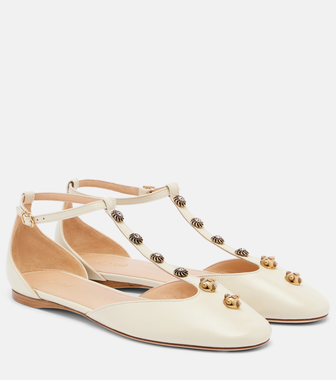 Celeste Embellished Leather Flats in White - Chloe