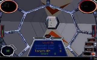 The familiar cockpit view of an Imperial TIE Fighter in the classic PC game TIE Fighter