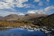 view from waswater lake district of snow capped mountain with reflection