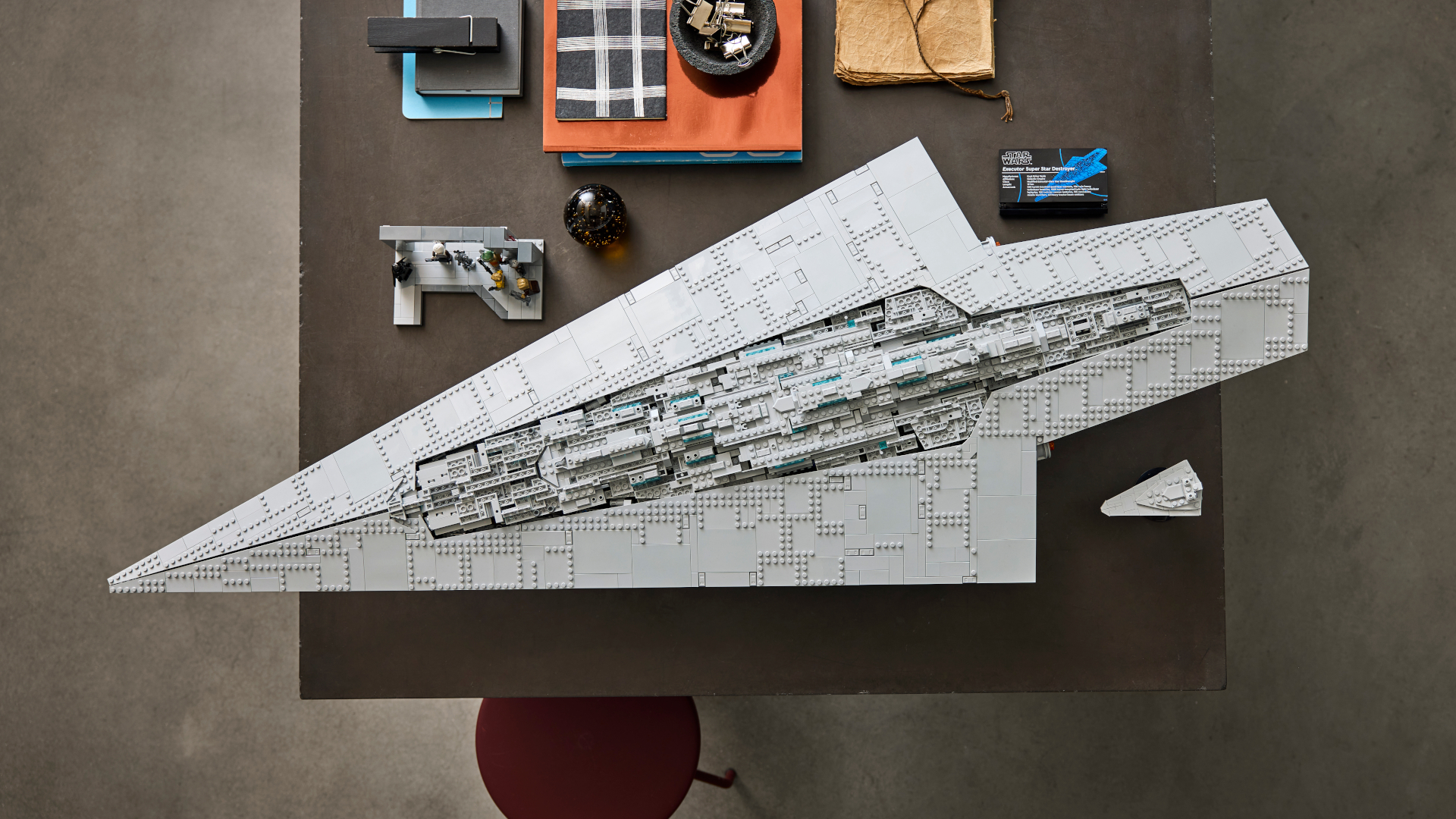 Lego Executor Super Star Destroyer on a table, seen from above